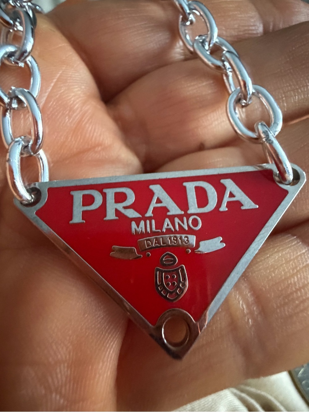 Unbranded Upcycled Red Triangle Milano Logo Pendant Necklace - Silver Tone